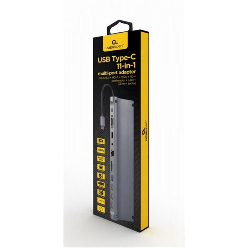 Док-станція Cablexpert USB-C 11-в-1 (A-CM-COMBO11-01) USB-хаб + HDMI/VGA/PD/картрідер/LAN/3.5-мм аудіо
