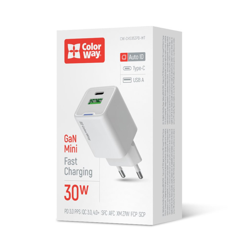 Мережевий зарядний пристрій ColorWay GaN Mini 30W PD Port PPS USB (Type-C PD + USB QC4.0) White (CW-CHS053PD-WT)