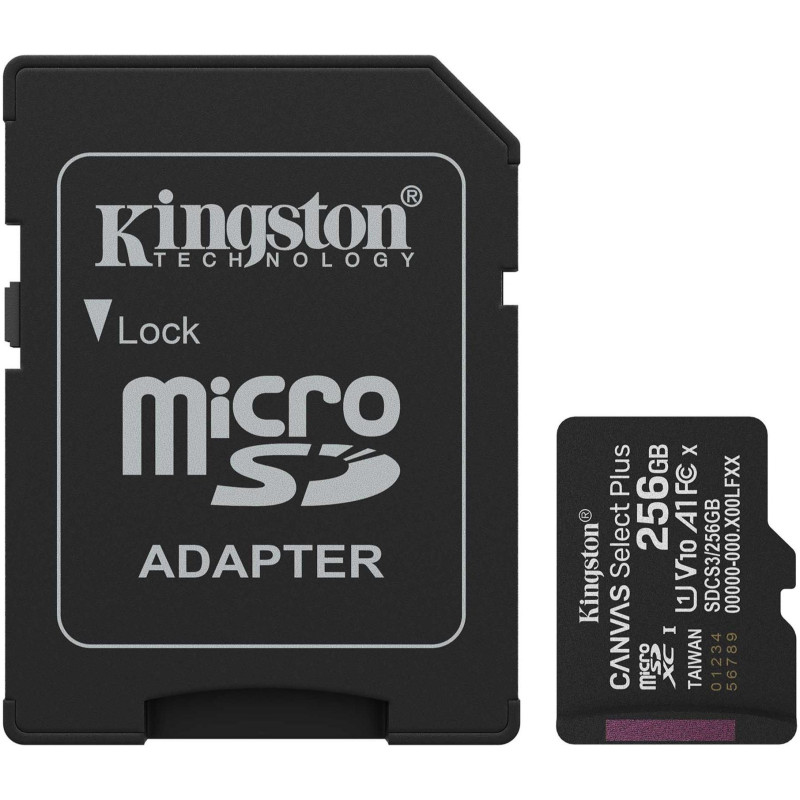 Карта пам`яті MicroSDXC 256GB UHS-I Class 10 Kingston Canvas Select Plus R150MB/s + SD-адаптер (SDCS3/256GB)