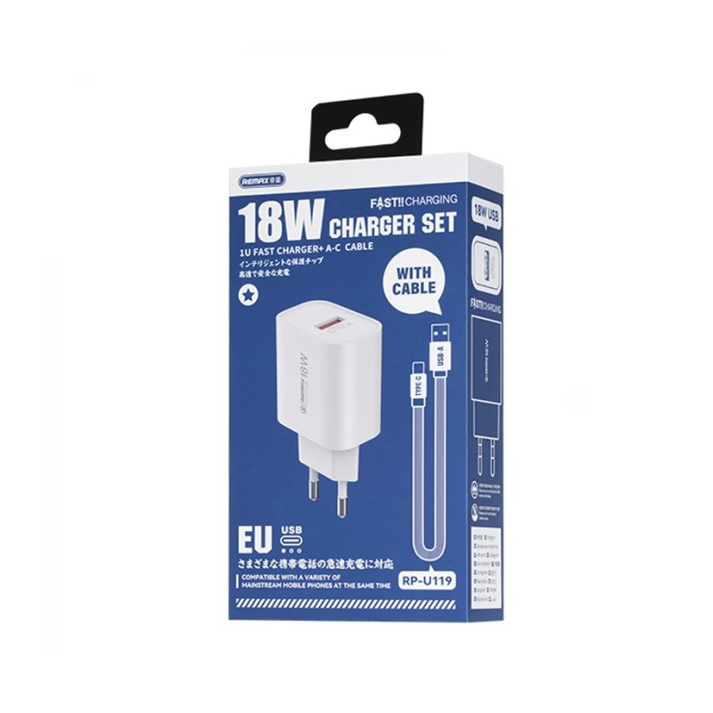Мережевий зарядний пристрій Remax Kiddy Series 18W (1USB 2.1 А) White (RP-U119) + кабель USB Type-C