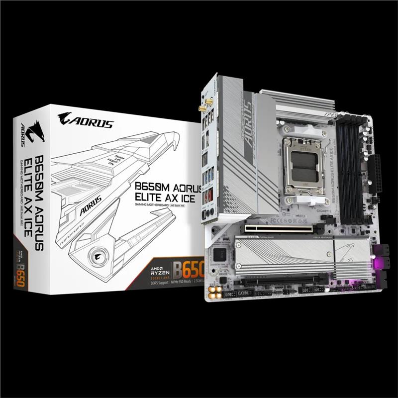 Материнська плата GIGABYTE B650M A ELITE AX ICE sAM5 B650 4xDDR5 M.2 HDMI DP Wi-Fi mATX